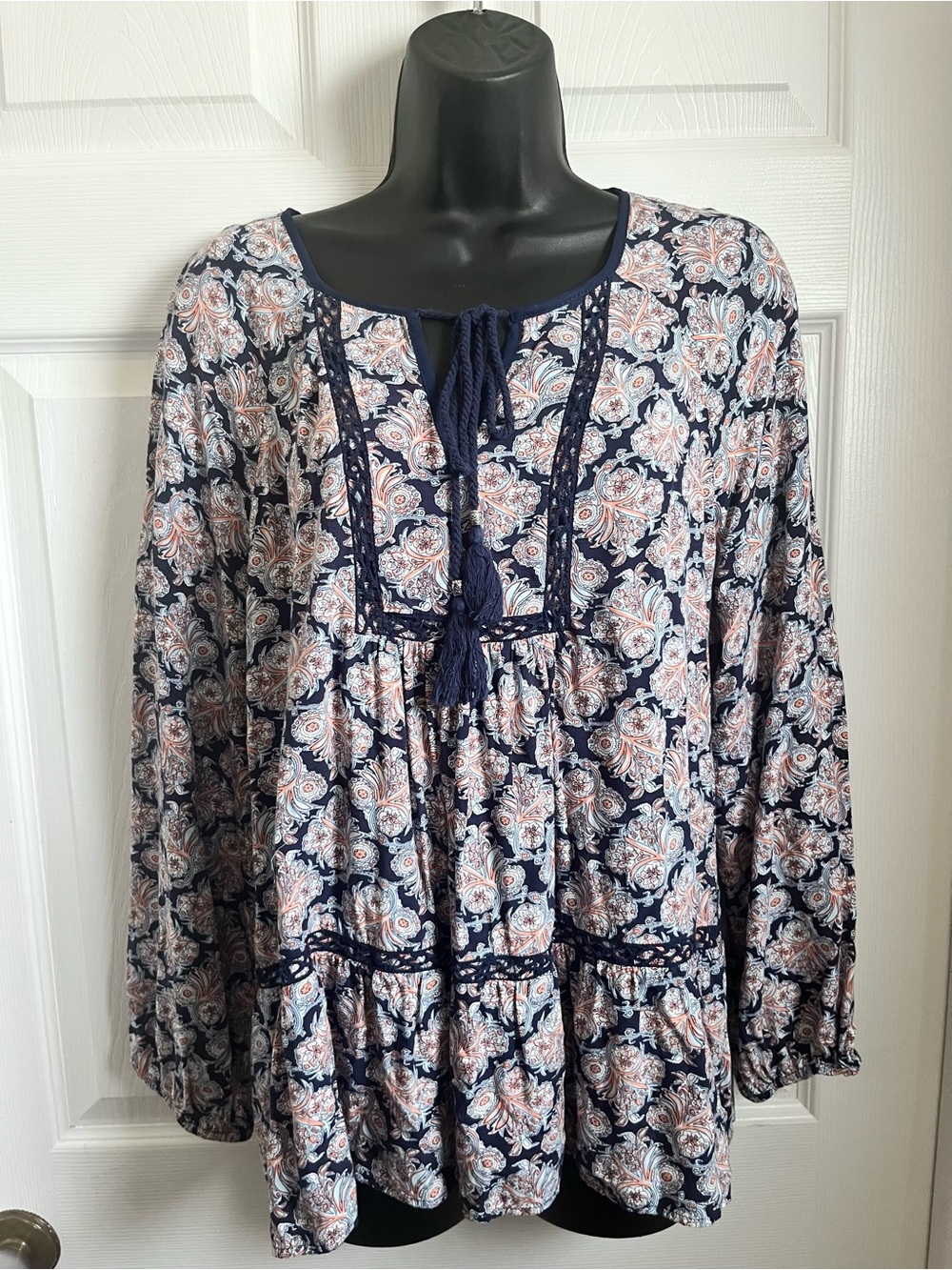 Daniel Rainn Blouse Top Navy Paisley Boho Tassel Peasant Blouse Lace Trim Large